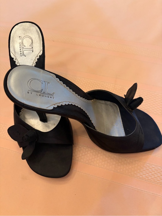 CL by Laundry Shoes - CL by Laundry Black Floral Accent Open-Toe Slide Heels
